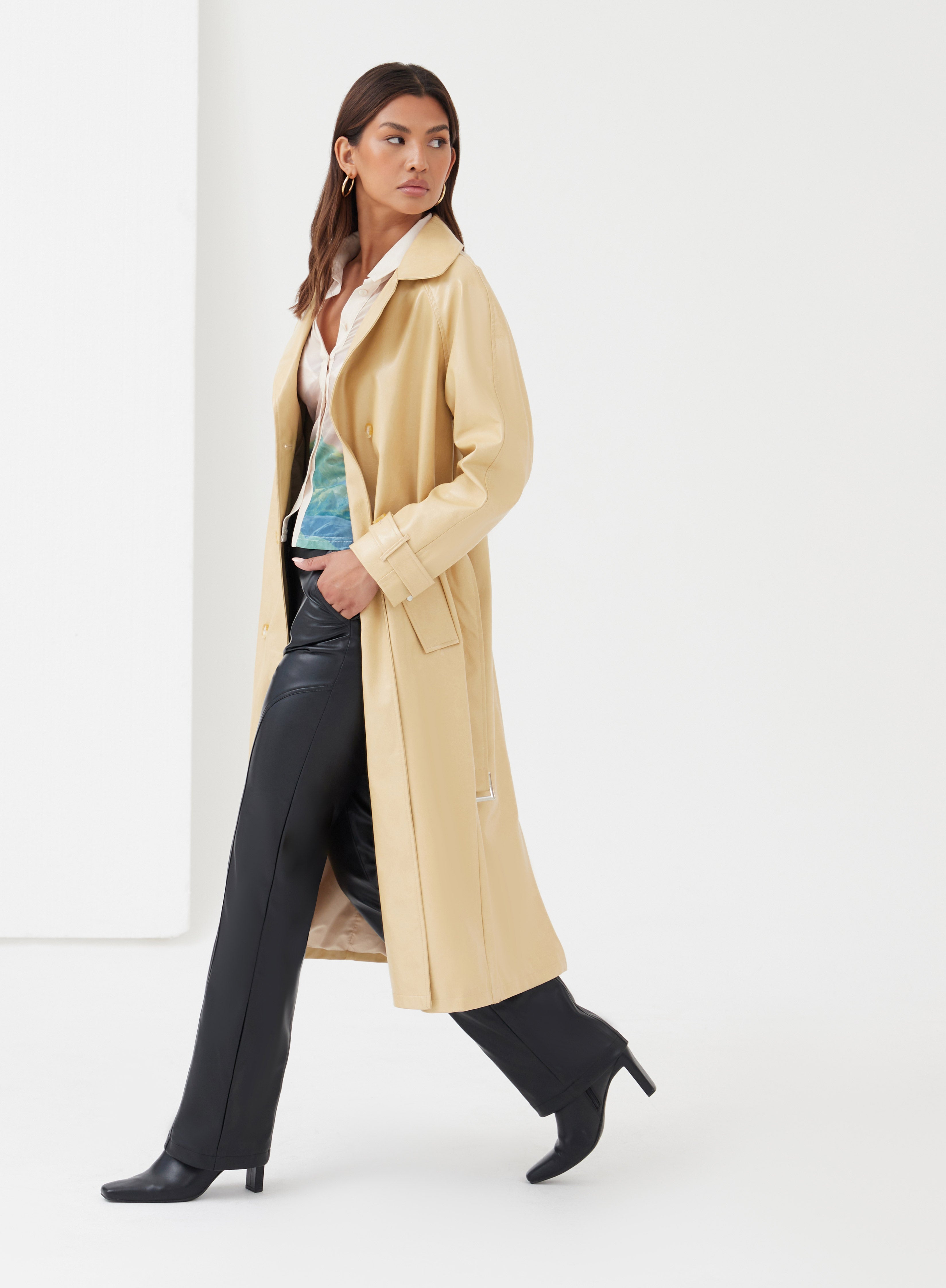 Butter Longline Belted Faux Leather Coat